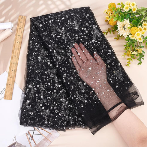 BENECREAT 3Yard Black Sequins Star Lace Fabric, 59" Silver Stamping Star Mesh Lace Fabric for DIY Handmade Clothing Wedding Dress Home Decor, 0.4m...