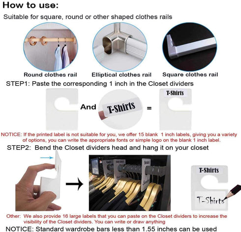 10 Pack White Clothing Rack Size Dividers Plus 60 Labels (1 Inch) and 16 Large Blank Labels, Large Rectangular Clothing Closet dividers (Pearl Whi...