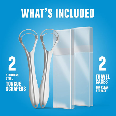 BASIC CONCEPTS Tongue Scraper for Adults (2 Pack), Reduce Bad Breath (Travel Cases Included), Stainless Steel Tongue Cleaners, 100% Metal Tongue S...