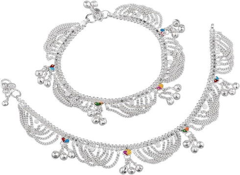 Efulgenz Indian Silver Tone Bell Charms Tassel Chain Anklet Set for Women Bracelet Payal Foot Jewelry...