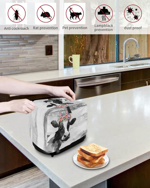 Toaster Dust Cover for Kitchen 2 Slice, Farmhouse Cow Flower Black Bread Maker Cover Toasters Covers for Fingerprint Protector, Washable Kitchen S...