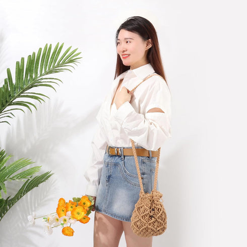 Ovida Crochet Mini Bucket Bag Purse Summer Woven Beach Shoulder Bag Drawstring Closure Crossbody Bag Handmade Hobo Bag...