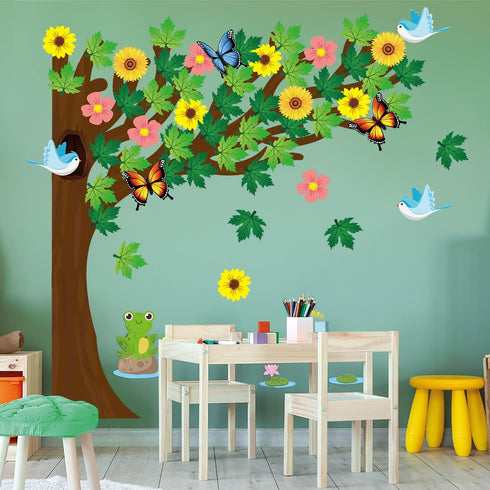 MALLMALL6 198Pcs Classroom Tree Bulletin Board Decor Seasonal Tree Summer Autumn Winter Spring Cutouts Border Set Four Seasons Chalkboard Wall Dec...