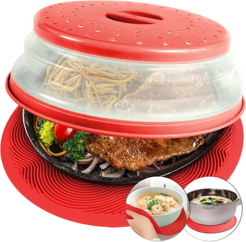 2 in 1, Aidacom Microwave Mat & Food Cover- Mat as Bowl Holder, Cover for Splatter Guard, Multi-use: Silicone Trivet, Pot Holders, Drying, Baking,...