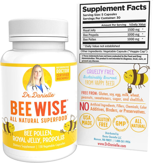 Dr. Danielle's Bee Wise - Bee Pollen Supplement - Bee Well with Royal Jelly, Propolis, Beepollen in 4 Daily Bee Pollen Capsules...