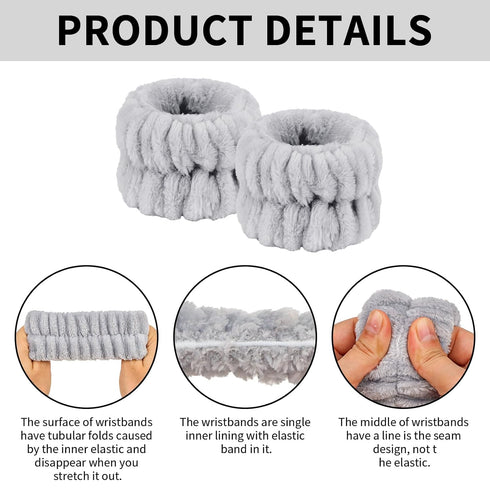 4Pcs Gray Spa Headband and Face Washing Wristbands Set, Skincare Headband Face Wash Headband Makeup Headband, Hair Claw Clip Skin Care Headband fo...