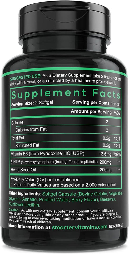 200mg 5-HTP + Vitamin B6, Natural Stress Relaxation, Mood & Sleep Boost, Extended Time Release, 60 softgels, 30 servings...