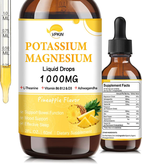 Potassium Magnesium Citrate Supplement,Magnesium Liquid Drops 1000mg with Magnesium Glycinate, Support Calm & Bone & Muscle & Immune Health (Pinea...