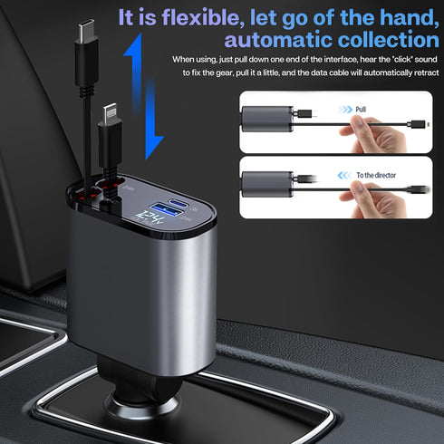 Retractable Car Charger with 100W, 4 in 1 Car Fast Charger for iPhone and Type C, Retractable Cables (31.5 inch) and 2 Charging Ports, Compatible ...