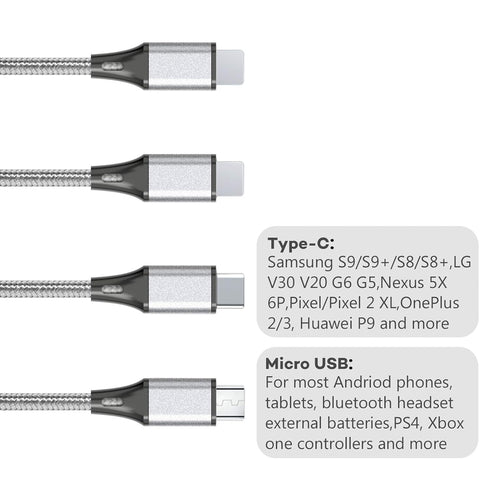 Multi Charging Cable, USB Cable 3A 4FT Nylon Braided Universal 4in1 Charger Adapter Type-C/Micro Port, Compatible with Cell Phones and More (Silve...