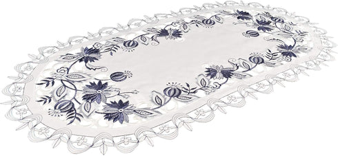 Embroidered Delft Blue Onion Flower Table Runner, Dresser Scarf Doily (14Wx27L)...