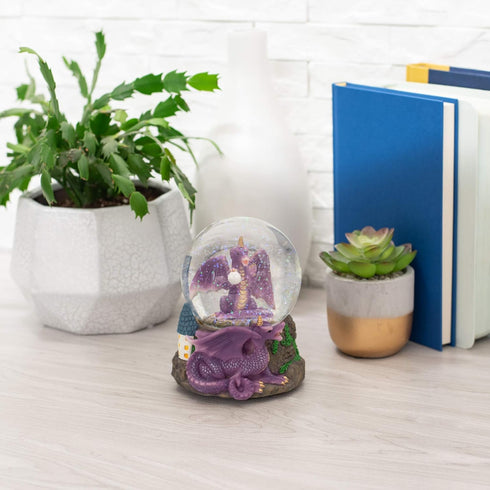 Elanze Designs Purple Dragon with Orb on Castle Tabletop Figurine Decoration 100MM Sturdy Glitter Water Musical Snow Globe Plays Tune Fantasie Imp...
