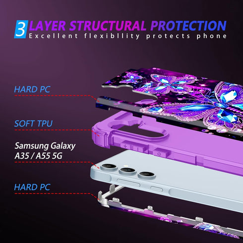 Miqala for Galaxy A55 5G/A35 5G Case,Glow in The Dark Three Layer Heavy Duty Shockproof Full Protection Hard Plastic Bumper+Soft Silicone Protecti...