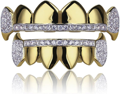 TOPGRILLZ 14K Gold Plated Iced Out CZ Top and Bottom Vampire Fangs Werewolf Grillz for Your Teeth Hip Hop Halloween Accessory...
