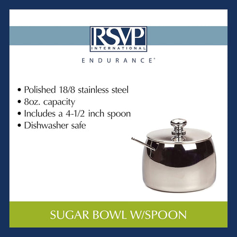 RSVP International Stainless Steel Sugar Bowl Container with Lid and 4.5" Spoon, 8 oz Capacity...