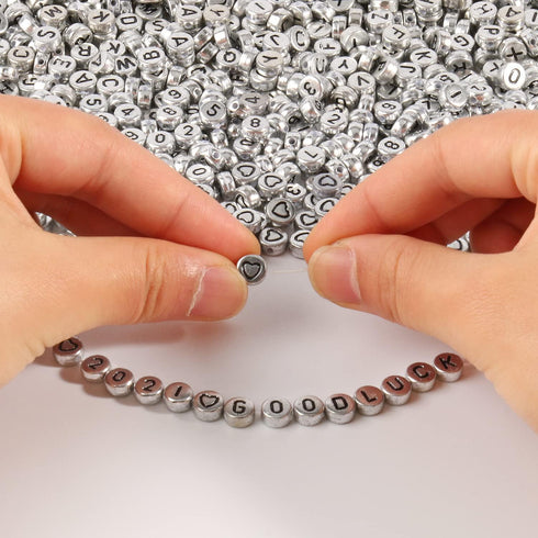 Yochus 1000pcs Silver Mixed Round Acrylic Beads 4x7mm Black Alphabet Number Heart Shape Bead for Jewelry Making and DIY Bracelets...