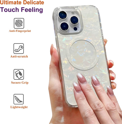 for iPhone 15 Pro Case Compatible with MagSafe,Cute Magnetic Hard Back Shockproof Women Phone Case for iPhone 15 Pro 6.1"- White Pearl Tort...