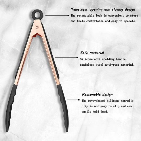 KAISHANE Kitchen Food Tongs-Rose Gold Tongs Copper Stainless Steel Silicone Tipped Kitchen Food BBQ and Cooking Tongs Set 9” and 12” for Non Stick...