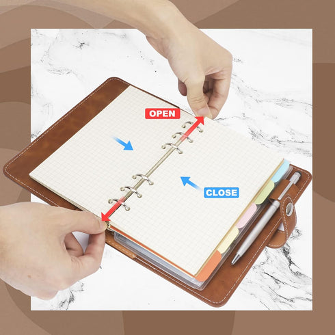 FYY Leather A6 Binder 6 Ring Binder Notebook - Refillable Notebook A6 Planner Binder with Binder Pockets, A6 Dividers, A6 Refill Paper, PU Leather...