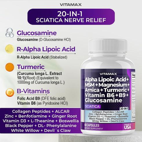 Sciatica Nerve Health Support - Sciatic Nerve Supplement Capsules with Folic Acid, Pea, Glucosamine, MSM, Vitamin B Complex, Alpha Lipoic Acid 300...