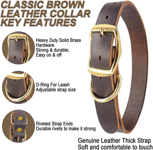 Leather Dog Collar Heavy Duty Hardware Dog Collars Full Grain Ultra Soft and Comfort Genuine Cowhide Metal Buckle Thick Belt Collar for Small Medi...