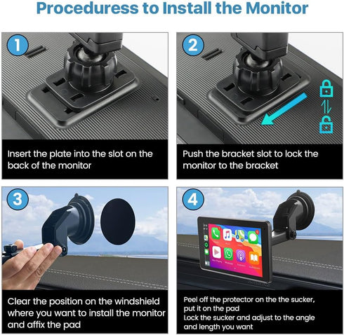 Flexible Windshield Dashboard Suction Cup Bracket with Sticker for 7Inch 9Inch 10Inch Carplay Display Screen Monitor, Compatible T86 Wireless Carp...