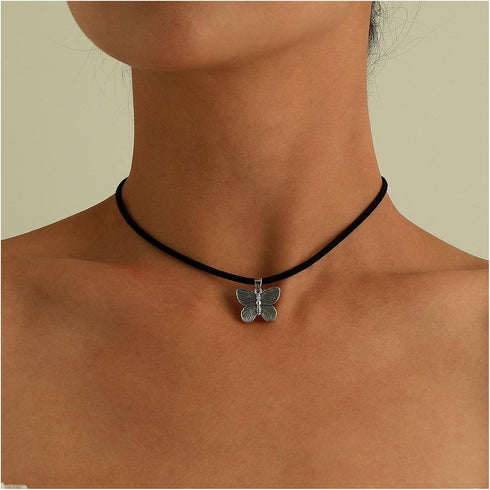 Boho Butterfly Pendant Necklace Black Velvet Rope Choker Silver Butterfly Necklace Choker Vintage Suede Velvet Collar Necklace Butterfly Clavicle ...