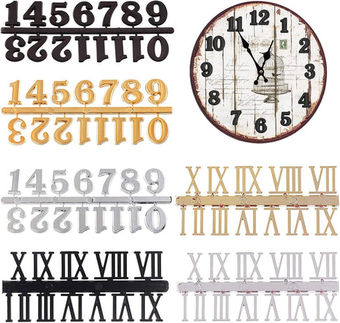 Clock Numerals Kit DIY Digital Clock Numbers Arabic Number and Roman Number for Clock Hands Replacement Parts Clock Accessories in Black Silver Go...