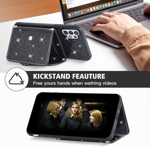 Asuwish Phone Case for Samsung Galaxy A32 5G 2021 6.5 inch Wallet Cover with Tempered Glass Screen Protector and Crossbody Strap Bling Glitter Car...