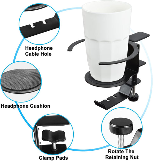 LBTING 2-in-1 Adjustable & 360 Rotating Office Gaming Accessories for Under Desk Headphone Stand, Hanging Headset, Holding Coffee Mug, Drinks, Wat...