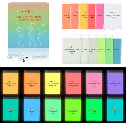 HTVRONT Glow in The Dark Pigment Powder (12 colors, 0.7 oz / 20 g Each), Glow in The Dark Resin Pigment with UV Lamp, Glow in the Dark Mica Powder...