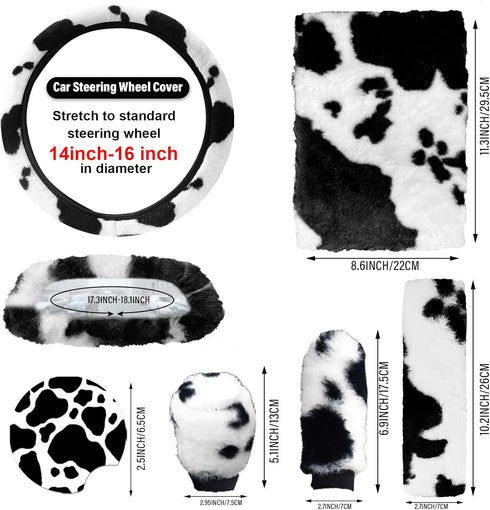JINGSEN11 Pieces Fluffy Car Accessories Set,Fluffy Cow Print Plush Steering Wheel Covers for Women Soft Fleece Handbrake Cover Shift Cover Car Tri...