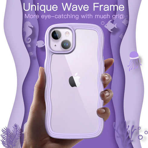 JETech Cute Case for iPhone 14 Plus 6.7-Inch, Wave Frame Curly Shape Shockproof Phone Cover for Women and Girls, Clear Hard PC Back (Purple)...
