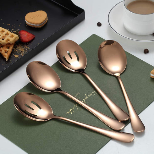 Rose Gold Serving Spoons 4 Pieces, Kyraton Titanium Plating Serving Spoon, Include 2 Serving Spoon And 2 Slotted Spoons, Stainless Steel Serving U...