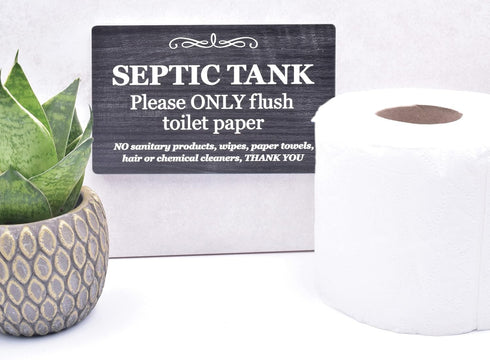 Septic Tank Sign ¦ Strong self adhesive ¦ Stylish Polite Notice engraved onto textured CARBON ASH (burnt wood) effect acrylic ¦ Plaque for Toilet,...