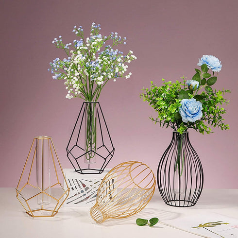 keebgyy Metal Rack Stand Clear Flower Vase Glass Vases Set, Nordic Style Lantern Glass Iron Art Plant Containers for Office Home Wedding Decorate(...