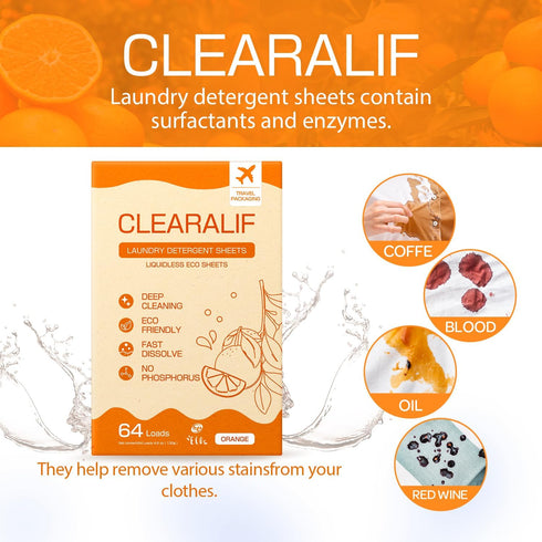CLEARALIF Laundry Detergent Sheets, Orange, 64 Load, CLEARALIF Laundry Detergent Strips Eco Friendly & Hypoallergenic...