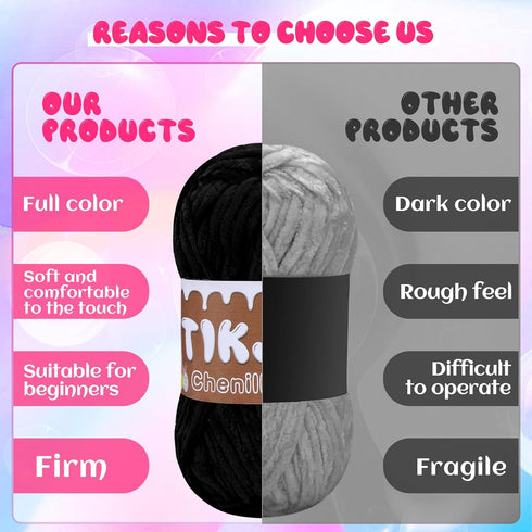 3.5OZ Black Chenille Yarn for Crocheting,Chunky Chenille Yarn with Crochet Stitching Markers, Chenille Yarn Chunky for Pillow Blanket Scarf Sweate...