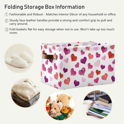 senya Valentines Storage Basket, Large Foldable Storage Basket with Handles, Pink Love Hearts Fabric Collapsible Storage Bins Organizer Bag for Ba...