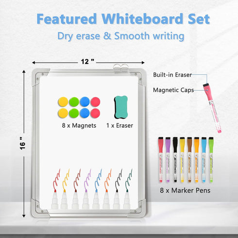White Board - Dry Erase Board for Wall, Double-Sided 12" x 16" Small Hanging Cubicle Magnetic Whiteboard, Portable for Planning, Kitchen, Memo, Sc...