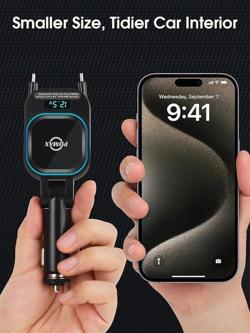 4-in-1 Retractable Car Charger - 96W Fast Car Phone Charger with Dual Retractable Cables (USB-C & iOS) and USB Ports, Compatible with iPhone 15/14...