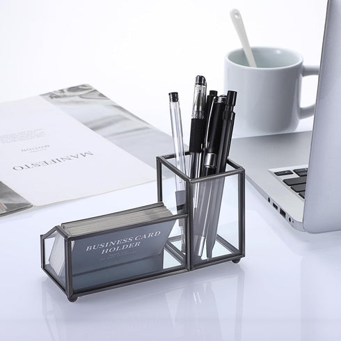 Hipiwe Glass Business Card Holder Metal Pen Pencil Storage Holder for Desk Clear Business Card Display Organizer Case for Office Home,2 Slots,Blac...