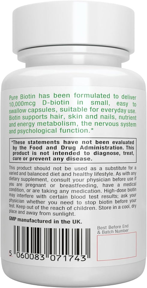 Pure Biotin 10,000mcg, Extra Strength Biotin, 180 Small Easy to Swallow Capsules, Vitamin B7, Clean Label, Lab Verified, & Vegan & Hypoallergenic,...