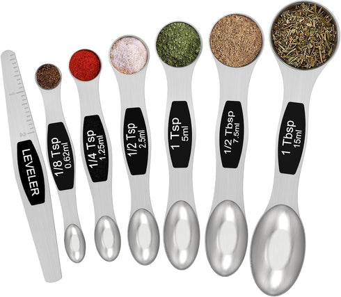 Magnetic Measuring Spoons Set - Wildone Stainless Steel Double Sided Measuring Spoons Set of 7 Black, for Dry & Liquid Ingredients, Including 6 He...