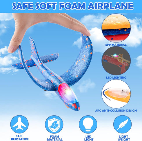 6 Pack LED Airplane Launcher Toys with 2 Launchers, 2 Flight Mode Glider Catapult Plane with Stickers, Flying Outdoor Toys for 3 4 5 6 7 8 9 10 11...
