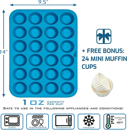 KPKitchen Silicone Mini Muffin Pan - Mini Cupcake Pan 24 Cup - Free Mini Muffin Paper Cups - Mini Muffin Pans Nonstick 24-100% Silicon Mini Muffin...