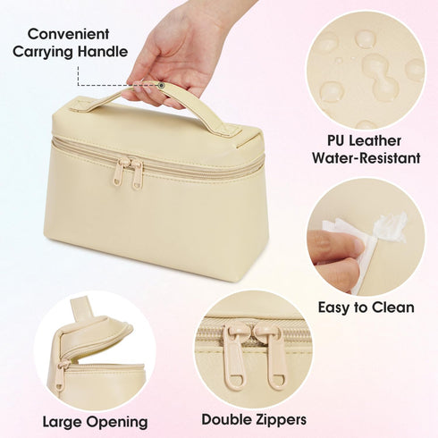 Wandering Nature Cosmetic Bag Makeup Toiletry Pouch for Women with Portable Flip & Double Zipper for Travel Toiletry Bag, Beige...