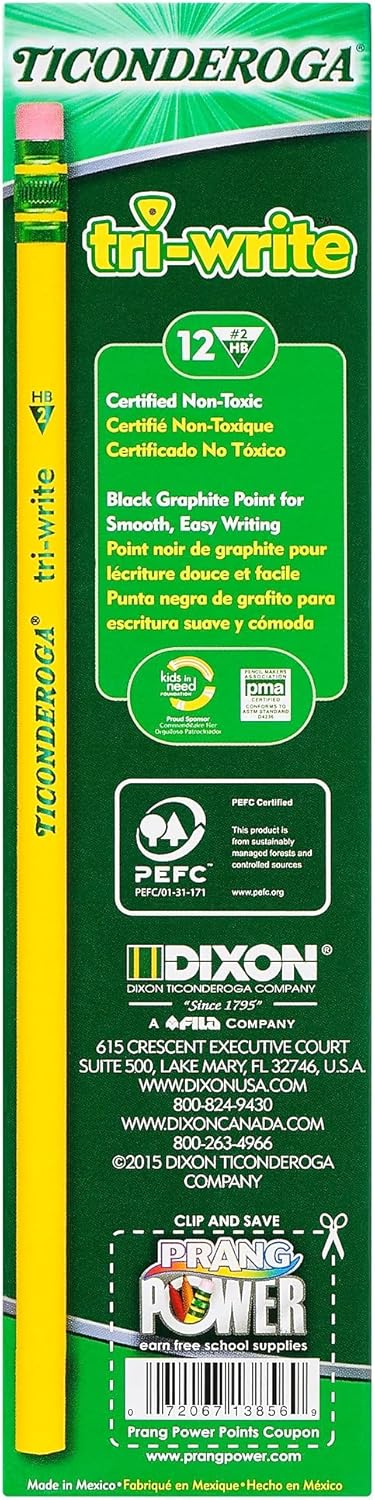 Ticonderoga 13856 Tri-Write Woodcase Pencil, HB #2, Yellow, Dozen...