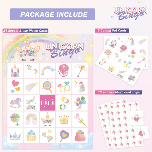 WERNNSAI Unicorn Party Games Unicorn Bingo Cards for 24 Players- Rainbow Birthday Party Game for Girls Kids Adults Board Game Classroom Family Act...