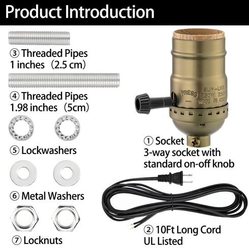 Lamp Rewire Kit, 10 Foot Matching Cord, 3 Way Socket and Essential Hardware, Table and Floor Lamps Socket Replacement, Rewire and Repair, DIY Ligh...